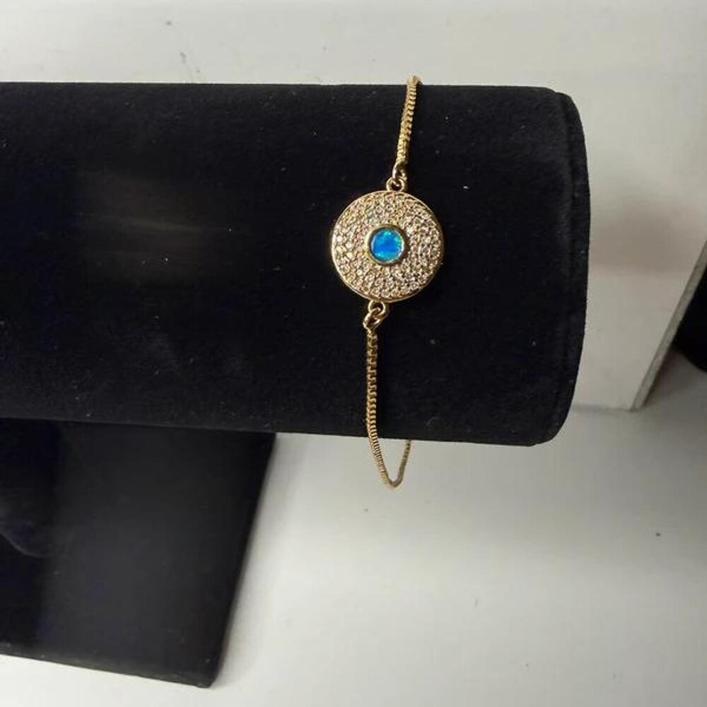 Gold Rhinestone Blue Opal Evil Eye Bolo Bracelet